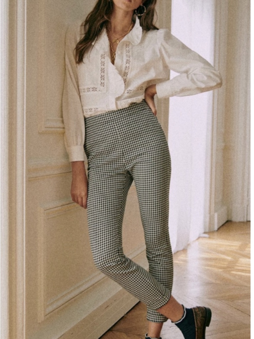Sezane Clara High-Rise Gingham Slim Crop Pants - Black & White - Picture 2 of 5
